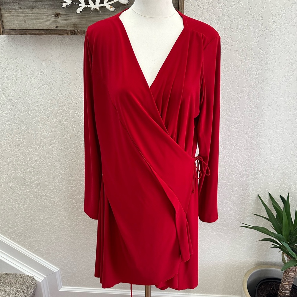 Sympli red stretchy knit wrap dress long sleeve ladies size 16
